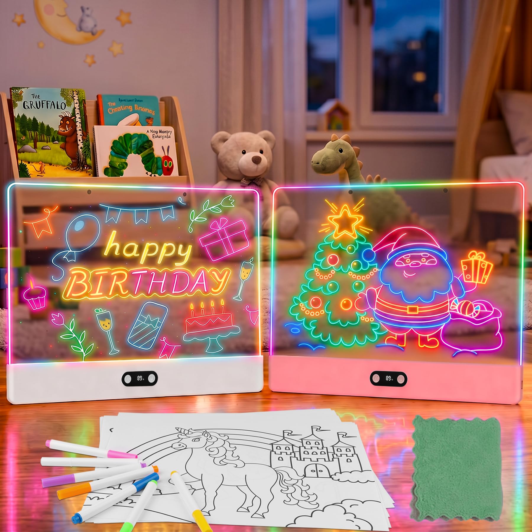 Aogled Lavagna da disegno a LED con indicatore digitale della batteria, 35 x 26 cm, 2 pezzi, con 8 colori e 7 penne al neon, lavagna luminosa riscrivibile, per bambini, ufficio, bar e decorazione da
