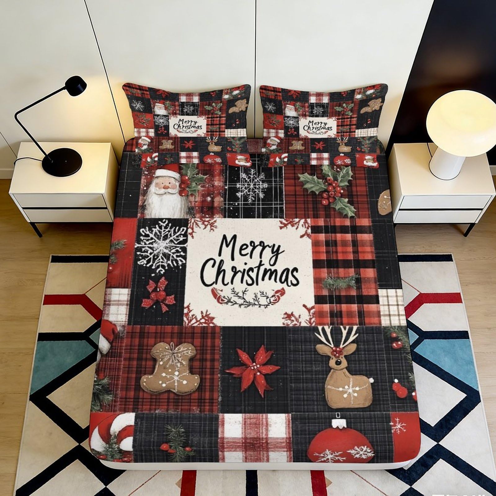 Pnayamiorkfel Style-10 3D Printed Christmas Patchwork Fitted Sheet Microfiber Red Plaid Reindeer Mattress Cover For Bedroom Guest Room 90X200x25cm