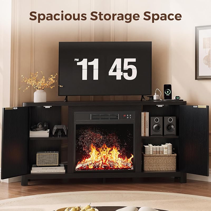 Corner Fireplace TV Stand for 55" TV, Fluted Entertainment Center, Black image 5