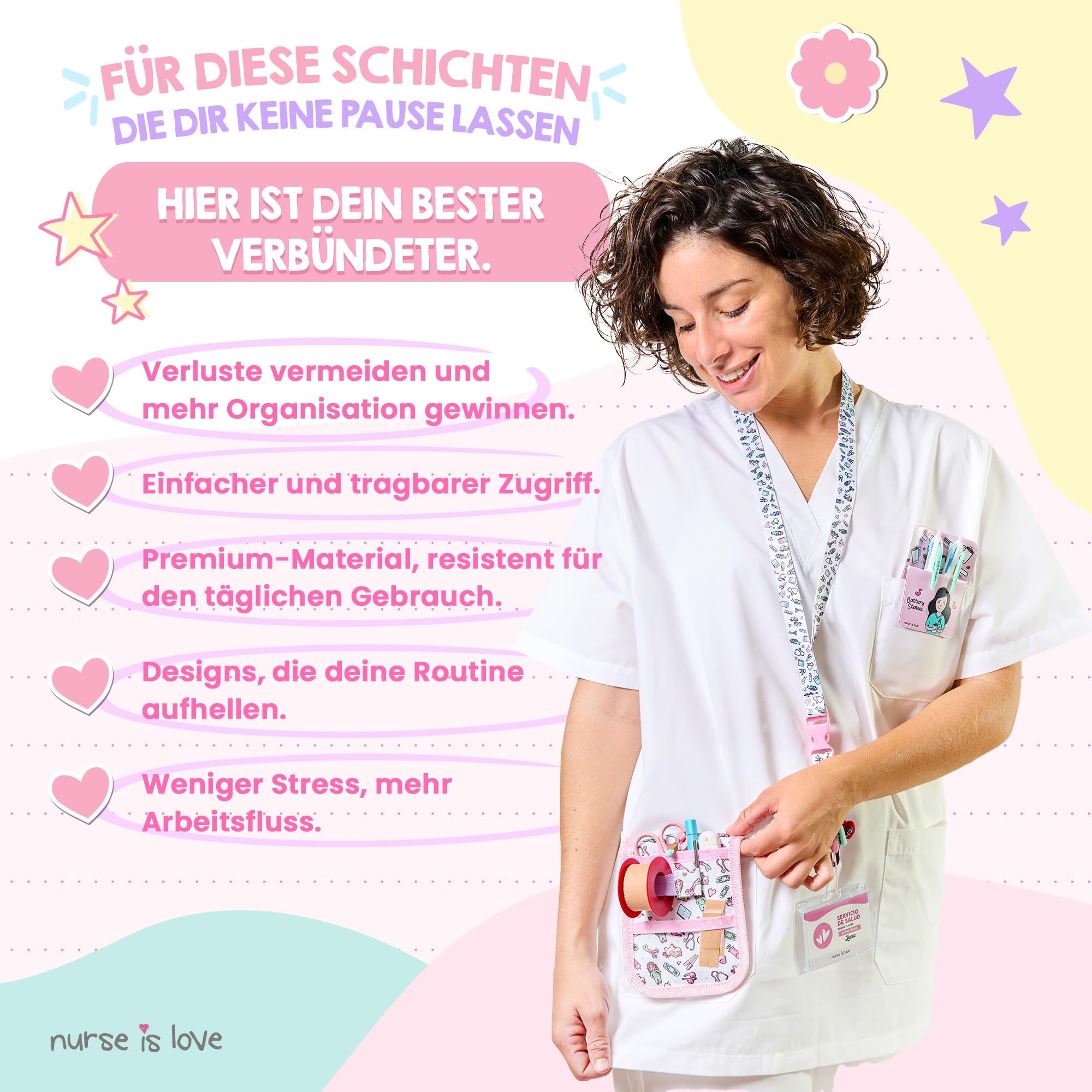 Nurse is Love Krankenschwester Geschenke 5-Teiliges Set | Schlüsselband + Schere + Taschenorganizer + Stifte Taschenschutz mit Kugelschreiber Mehrfarbige + Scherenhalter | Krankenschwester Zubehör