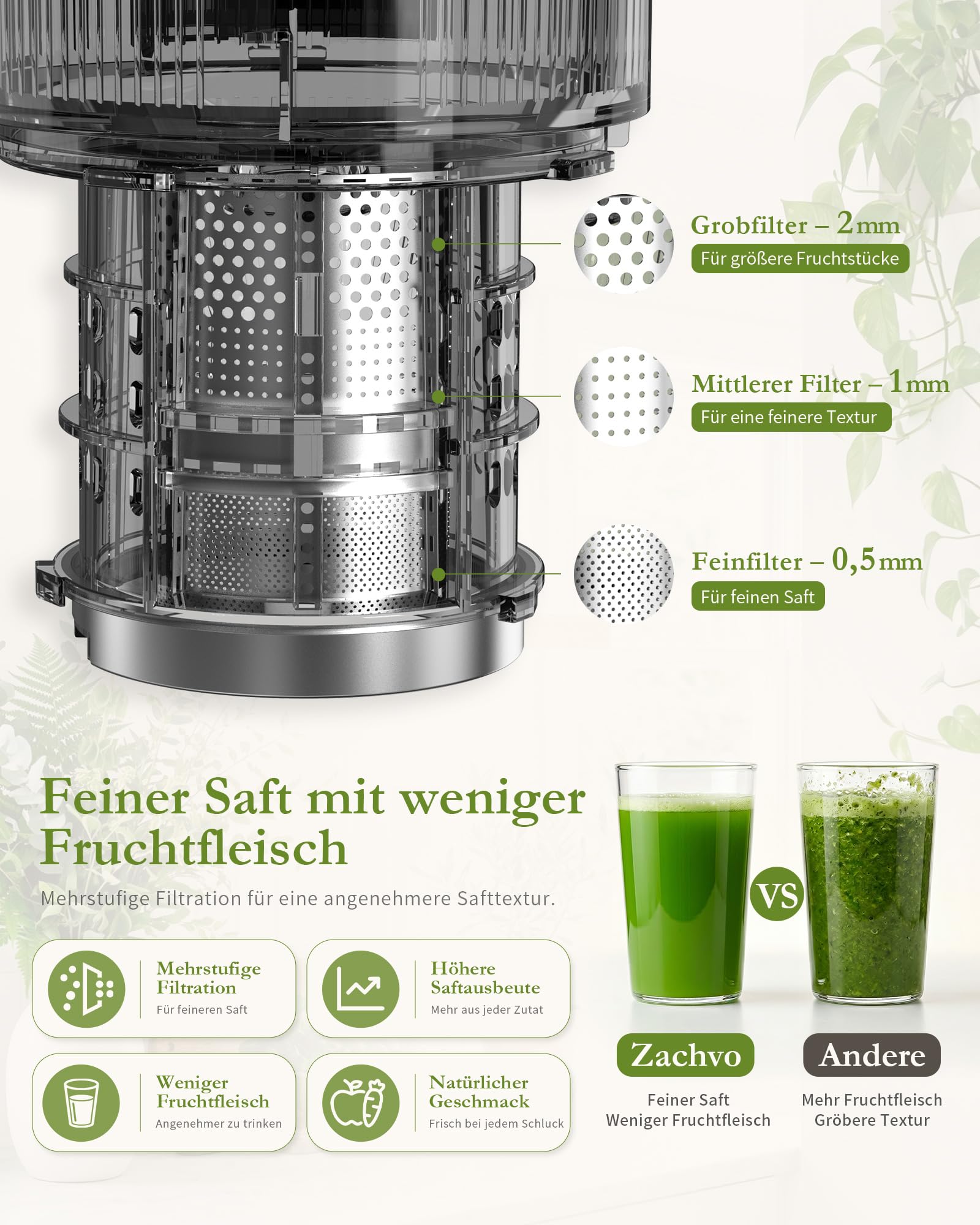 Slow Juicer Entsafter BPA-frei Tritan 130 mm Einfüllöffnung 1,5 L Kaltpress-Saftpresse 220 W