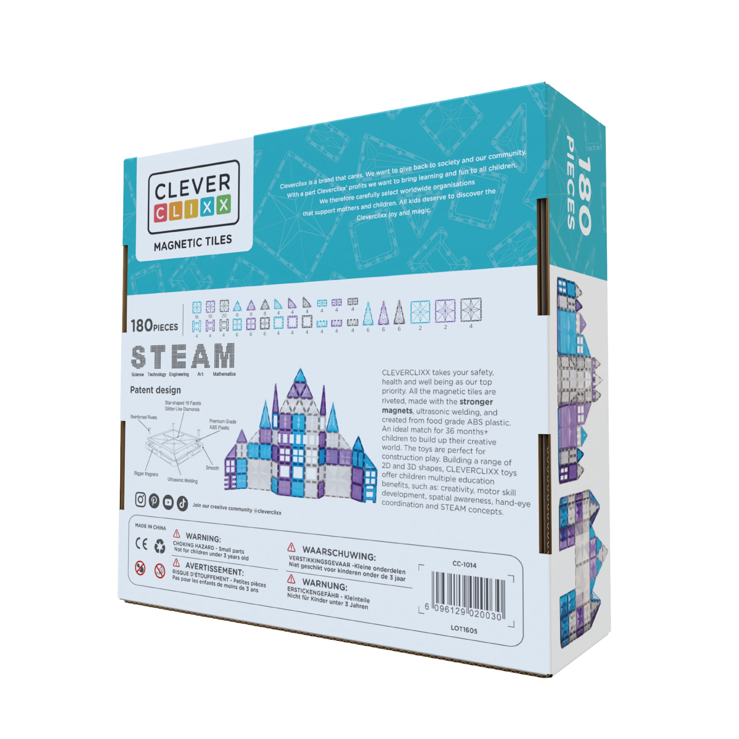 Mega-Eiskristall-Bausatz 180 Teile, abwechslungsreiche Formen und Farben, langlebiges Magnetspielzeug, magnetische Bausteine, erweiterbare Sets, weiß blau violett, für Kinder ab 3 Jahren