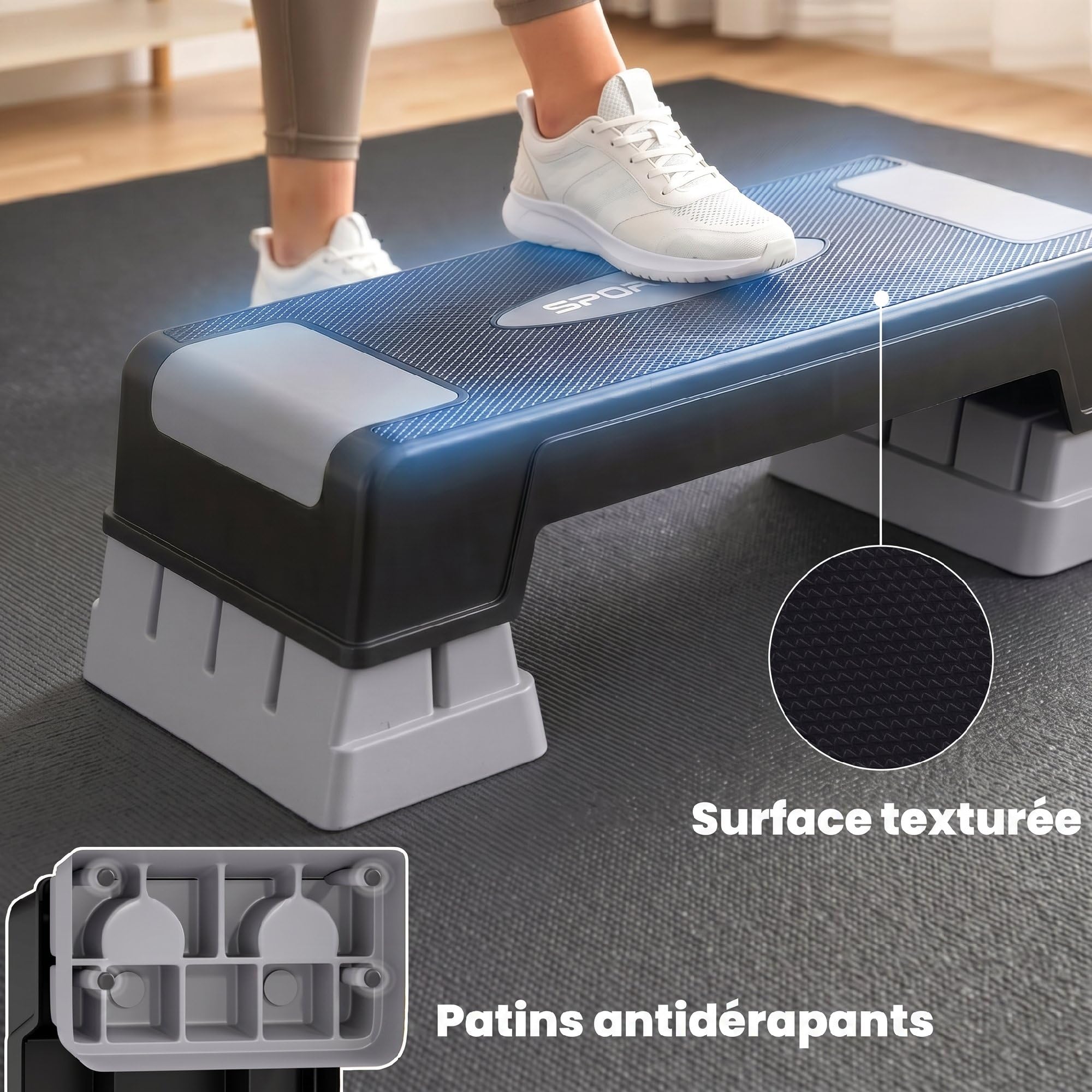 SPORTNOW Stepper Fitness Aérobic 3 Niveaux, Hauteur Réglable 12/17,5/22,5 cm, Surface Antidérapante, Charge 250 kg, Stepper Aérobic pour Maison et Salle de Sport, Gris