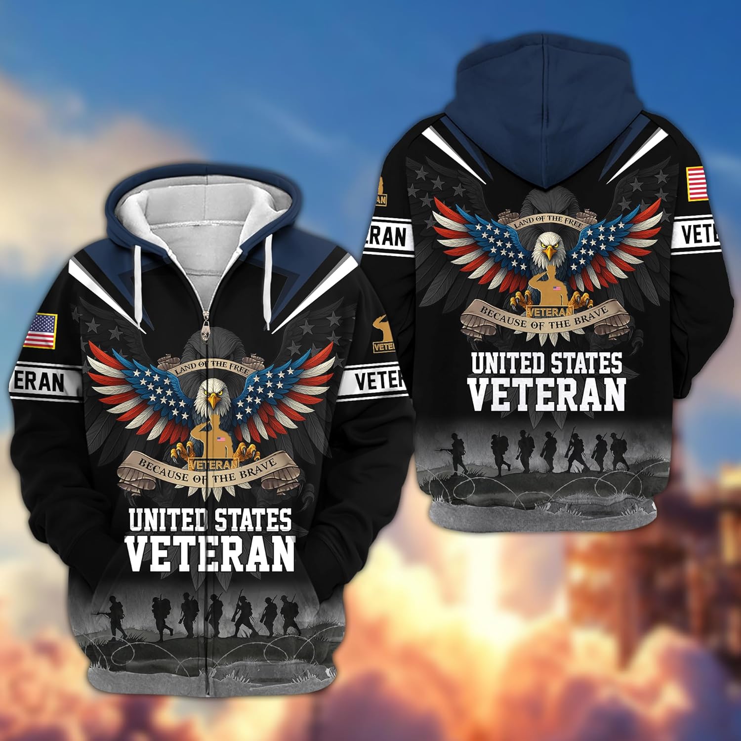 United States Veteran Zip-Up Hooded Sweatshirt Tactical Hoodies Military Land Of The Free Eagles Zip Up Hoodie For Men - Image 2