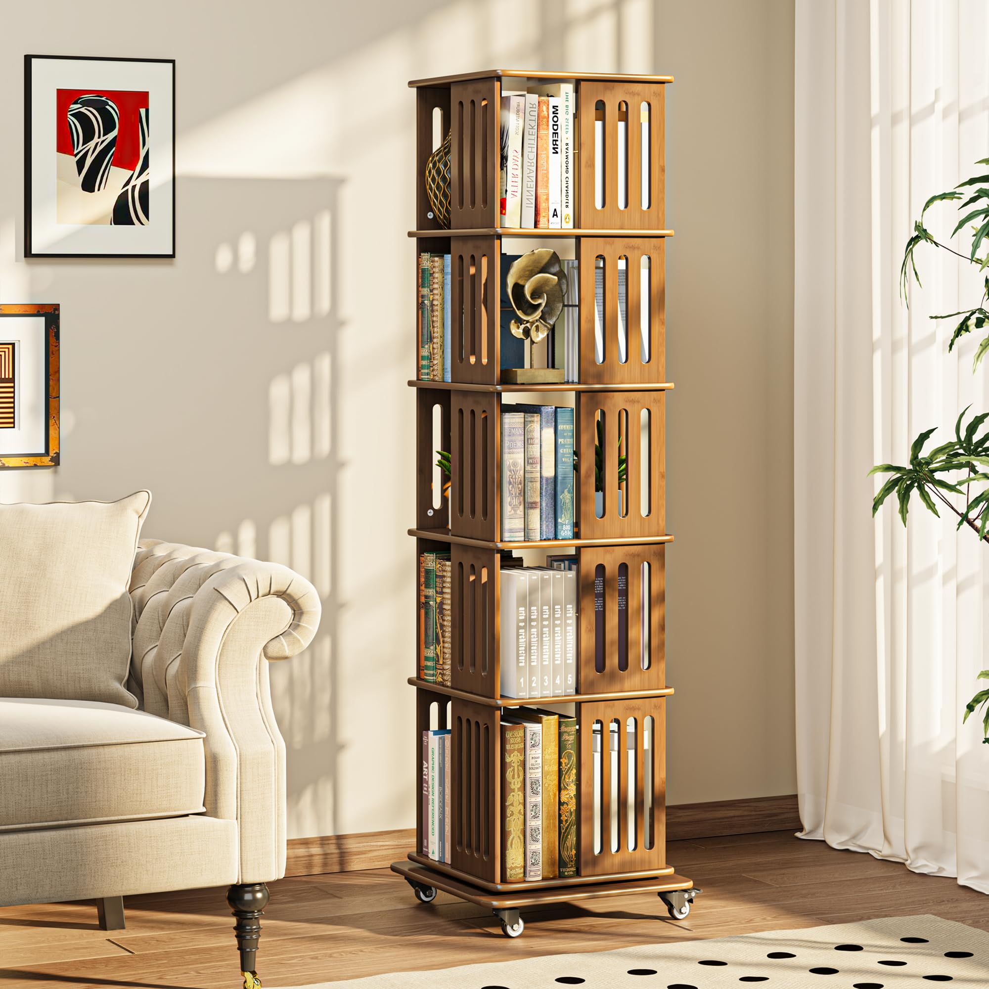 Drehbares Bücherregal aus Holz, Quadratisch, 5-Ebenen