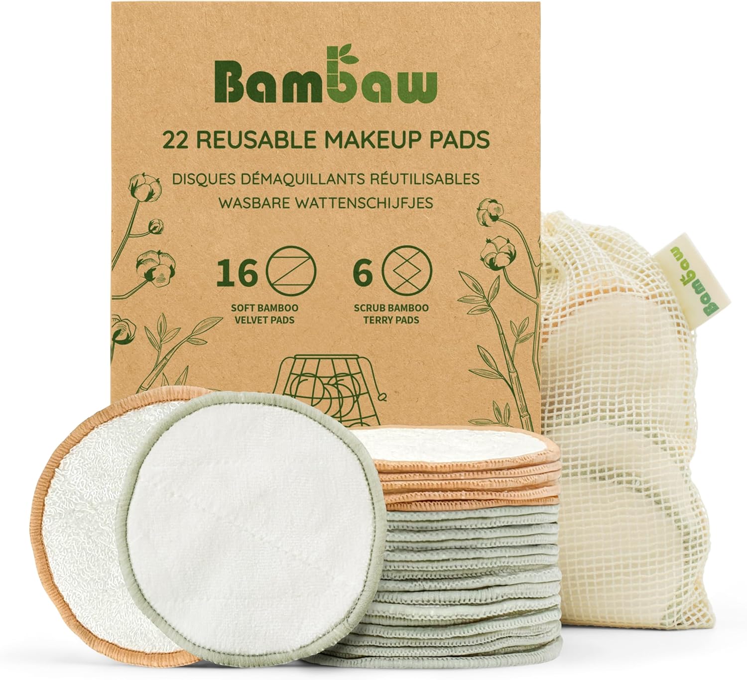 Wasbare make-up verwijderaarschijven met 1 zak voor wasgoed en opslag – Set van 22 schijven – Bambaw