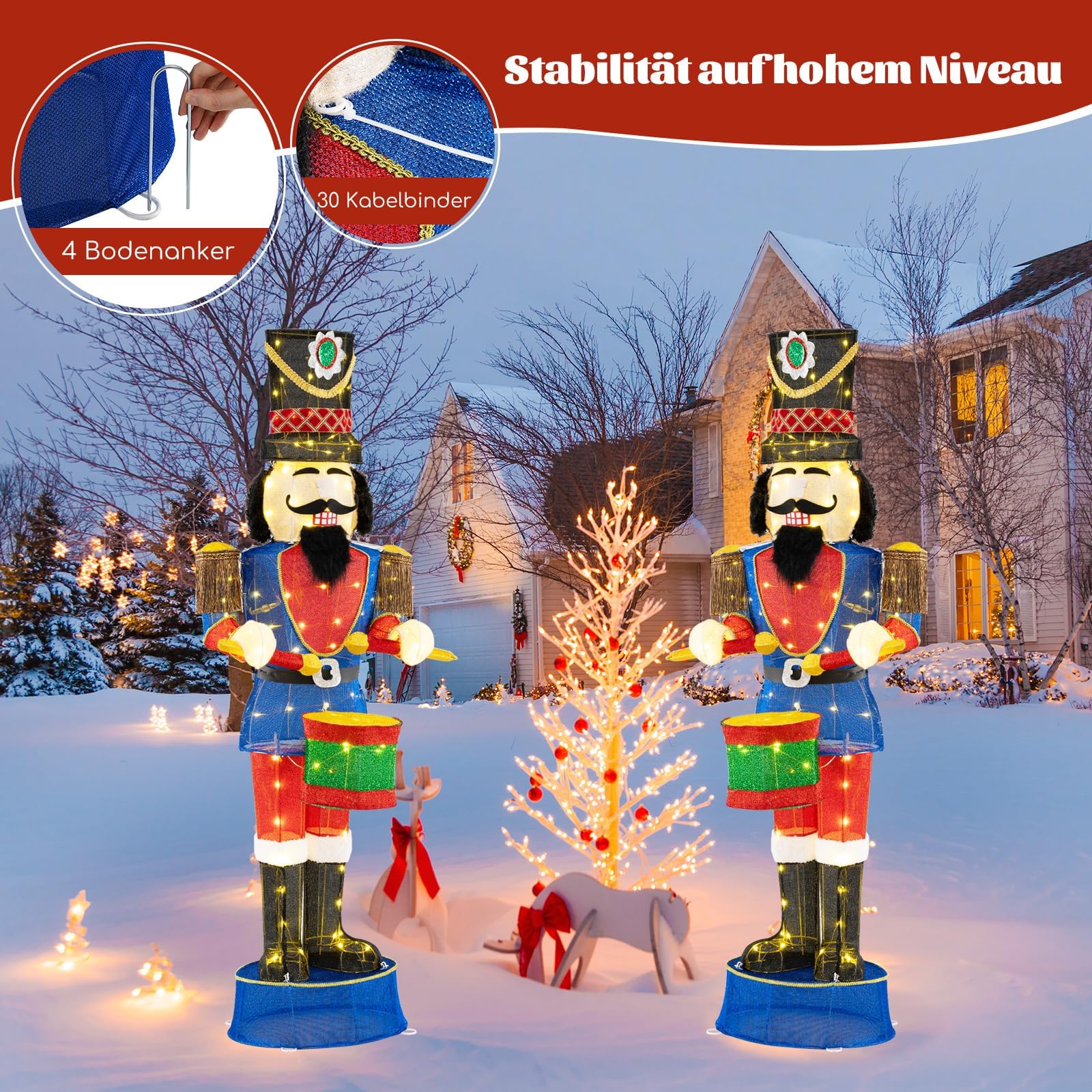 COSTWAY Weihnachten Nussknacker Figur groß, 185 cm beleuchtete Weihnachtsdeko XXL, Weihnachtsfigur mit Trommel & 100 LED-Lichtern, Weihnachtsdekoration, Weihnachtsbeleuchtung für außen und innen