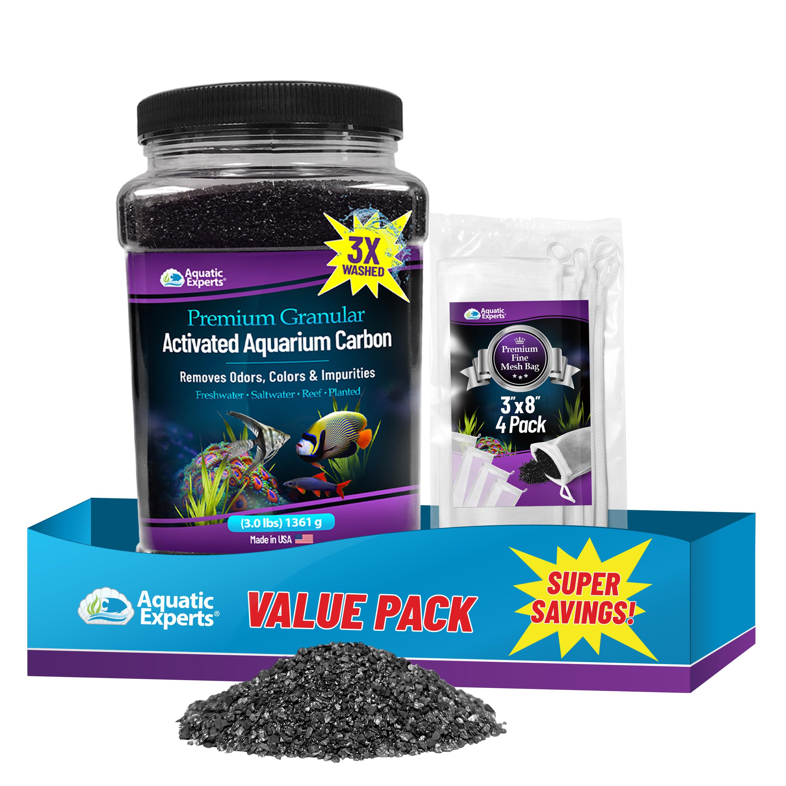 Premium Activated Carbon - Aquarium Carbon for Fish Tank Filter - Aquarium Filter Media - Aquarium Charcoal for Fish Tanks - Activated Charcoal Bulk (Granulated, 3 lbs with 4 Fine Mesh Bags)