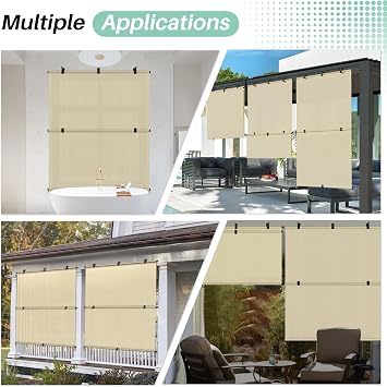 SunnyRoyal 8'W X 6'H Patio Roller Shades Foldable Sun Shade Outdoor Cordless Roll Up Blinds for Deck Backyard Porch Balcony (Beige)