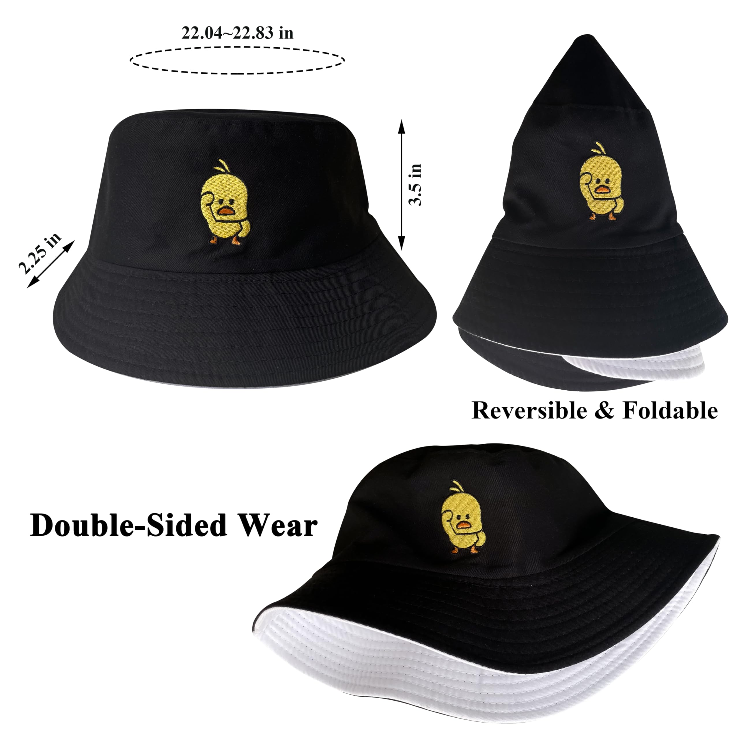 QOOEQPQY Unisex Duck Bucket Hat Fashion Reversible Embroidered Hat Double Sided Wear Fisherman Cap Black-White