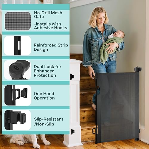 Miniatura 6 de Puerta retráctil extra ancha para bebés de 236 pulgadas, puerta de malla para bebés o puerta de malla para perros, 34 pulgadas de alto, puerta de