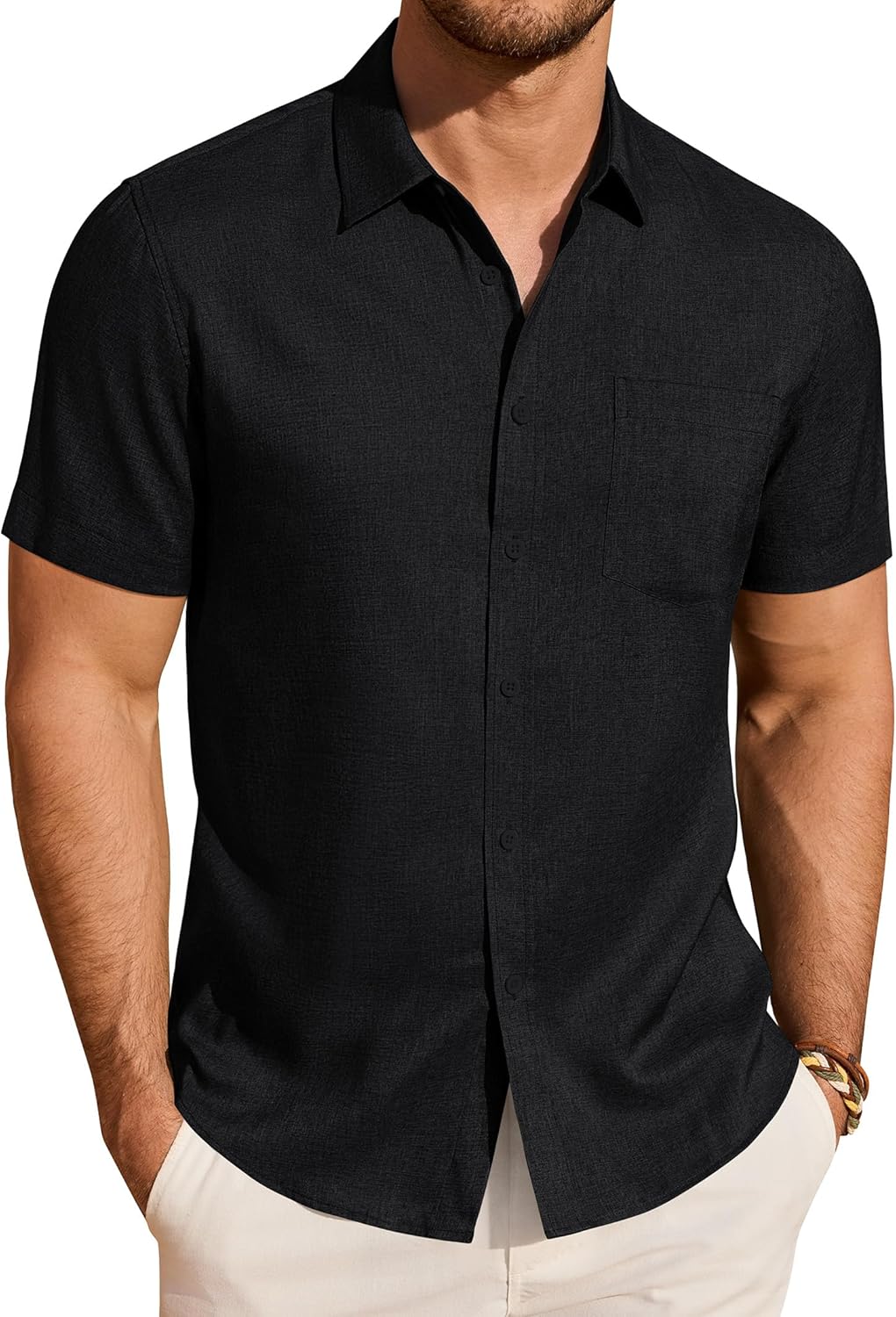 J.VER Mens Button Down Short Sleeve Shirts Summer Beach Vacation Casual Tops Lightweight Linen Shirt with Pocket