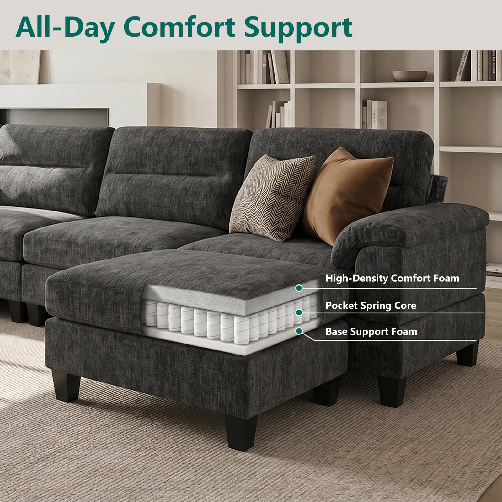 100.4" L-Shaped Modular Cloud Couch, Sectional Couches for Living Room | Cloud Comfort, Cozy Armrest Pillows, Elegant Chenille, Freely Modular, Quick Assembly, Dark Gray