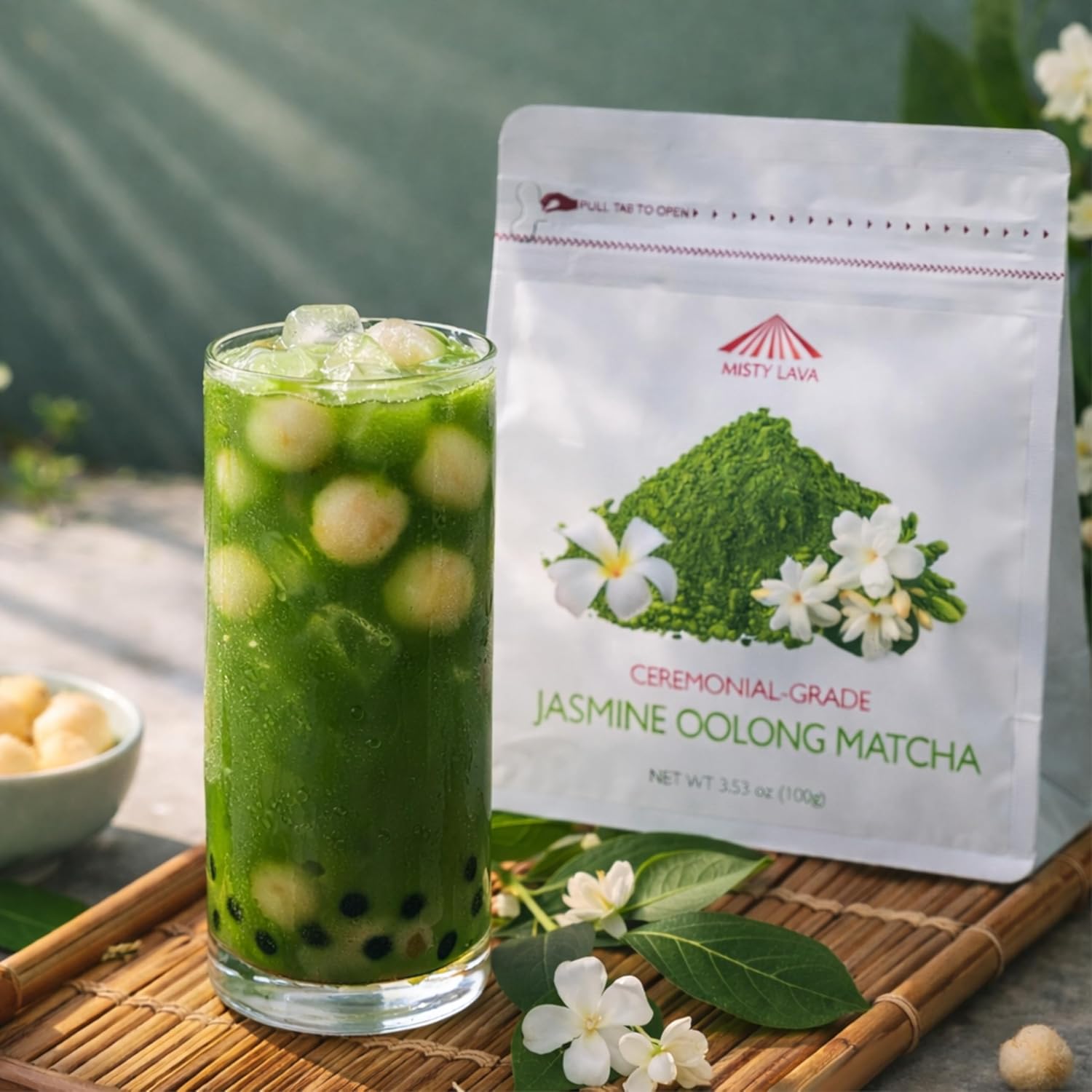 Misty Lava Ceremonial Jasmine Oolong Matcha Powder, 21-Day Shade-Grown, Naturally Scented With Real Jasmine Blossoms, Ultra Fine, Smooth & Creamy, 100g Refill Pouch