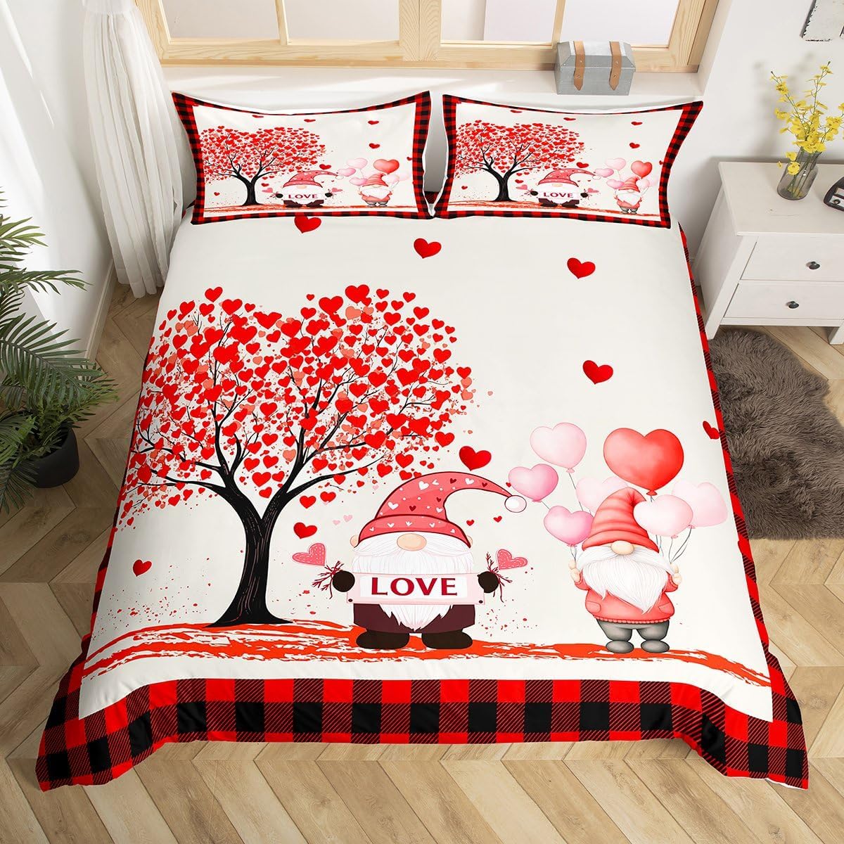 Romantic Duvet Cover King Valentines Day Bedding Set Cute Heart Tree Comforter Cover Black and Red Plaid Bed Sets Cute Valentines Gnome Bedding with Zipper Closure Rustic Farmhouse Anniversary Decor