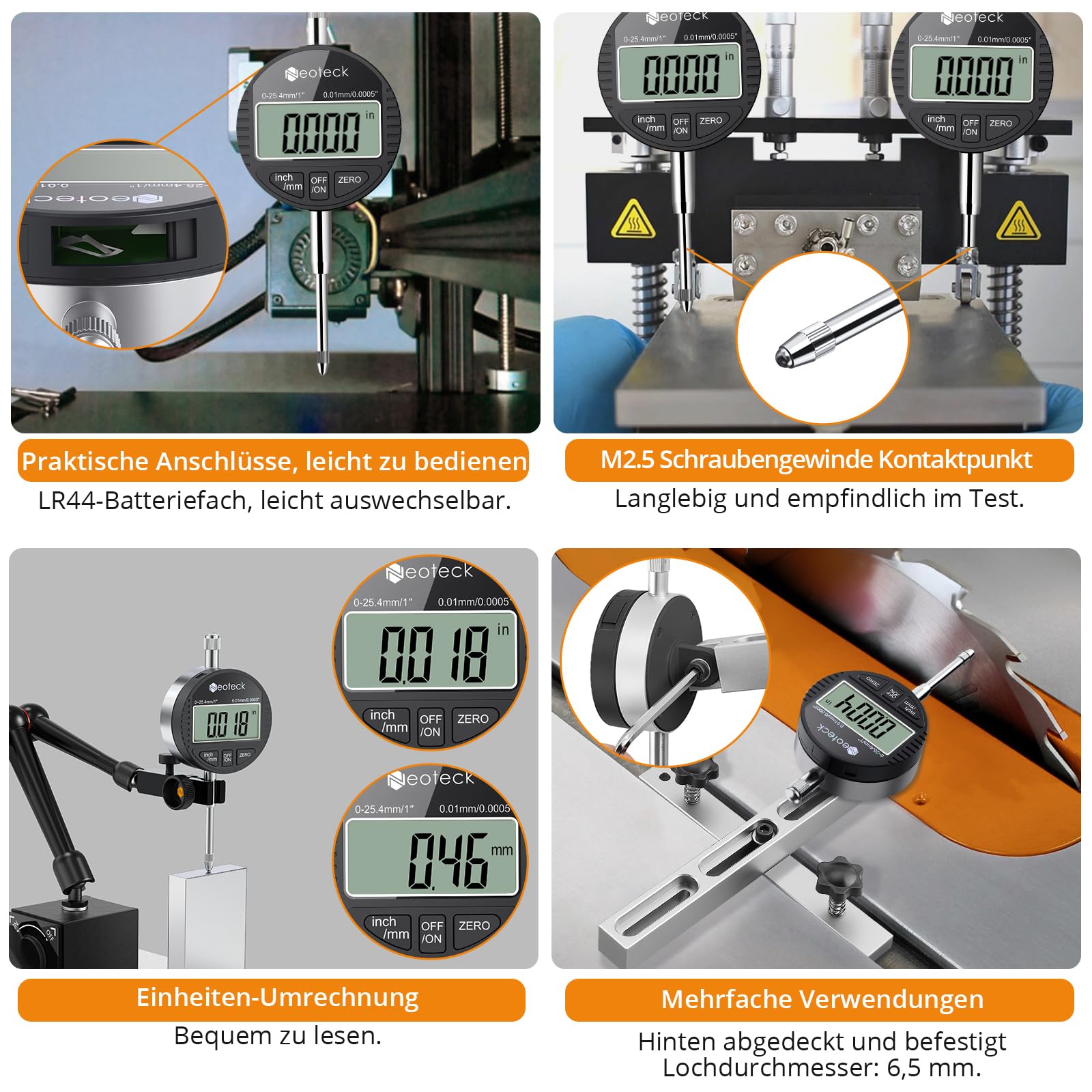 Neoteck Digitale Messuhr 0.01/0.0005'' Digital Messuhr Messtaster 0-25.4mm/1'' Digital Dial indicator Messgerät, für Labor, 3D Drucker, Werkstatt (Schwarz)