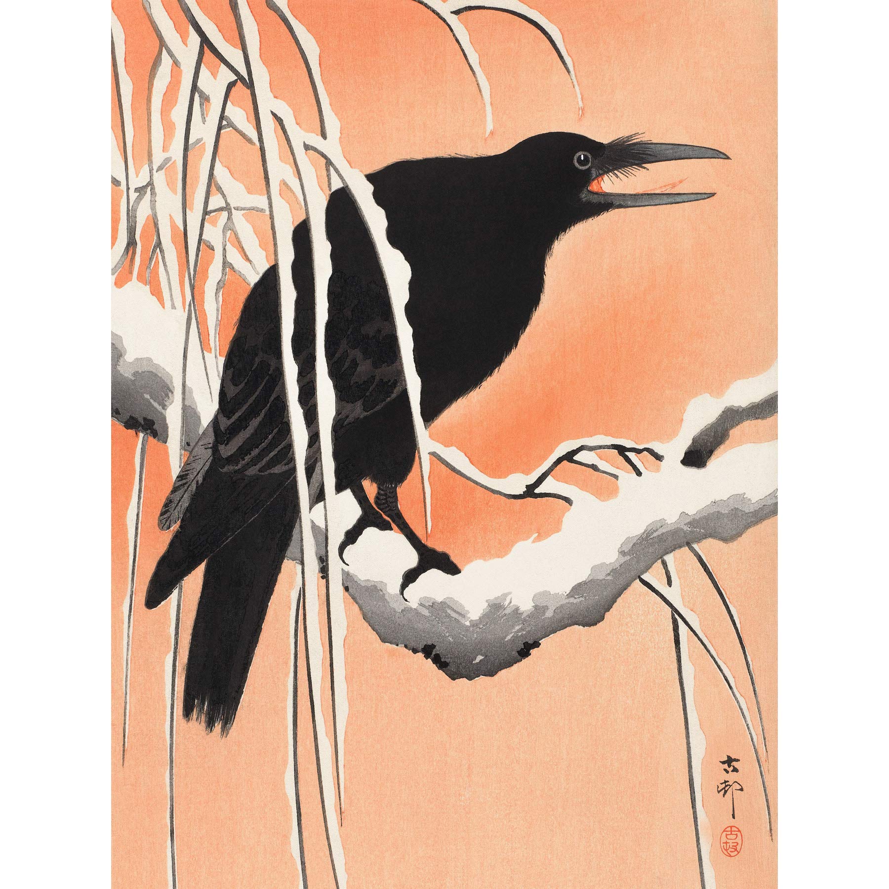 Wee Blue Coo Crow Snowy Branch Ohara Koson Art Print Poster Wall Decor