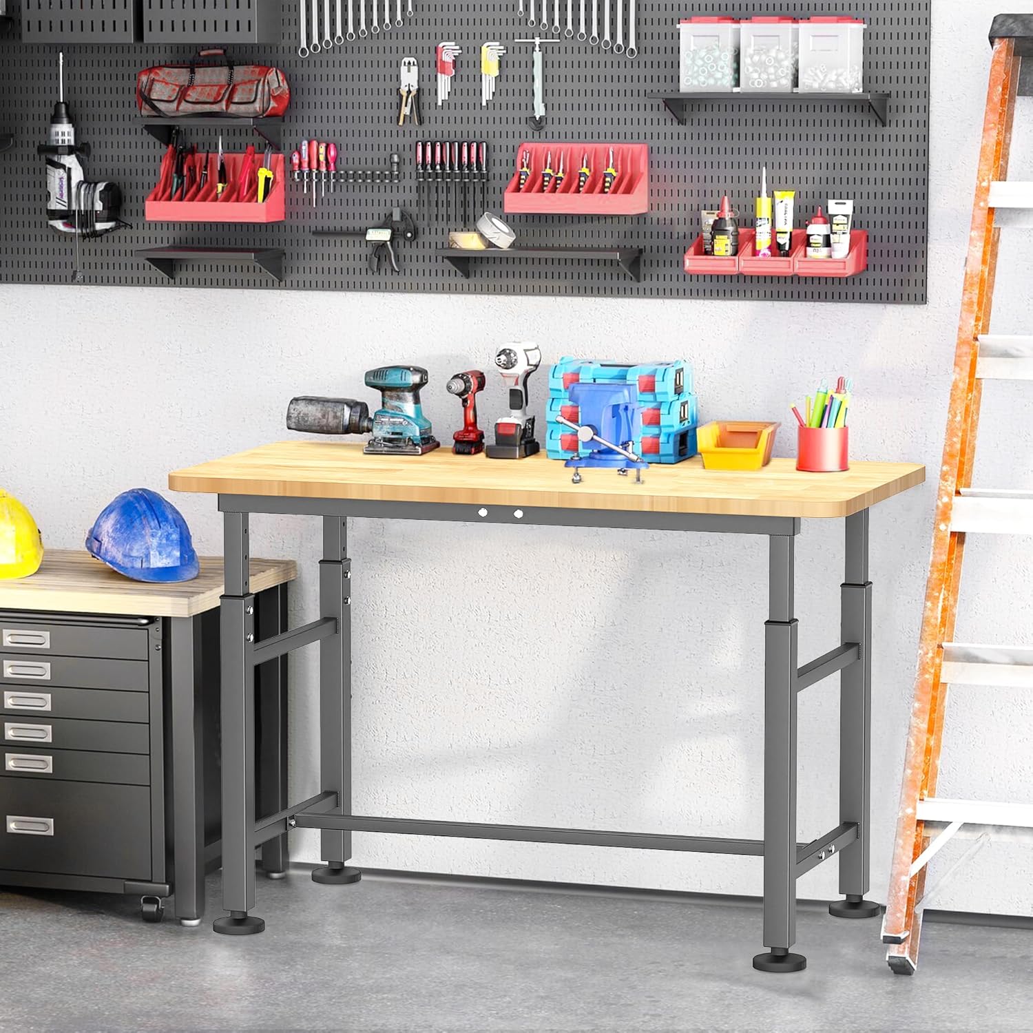 EVERHANGER Workbench for Garage, Adjustable Height Work Table, Heavy Duty Rubber Wood Top Workstation for Workshop, 47.5 x 23.5 Inch