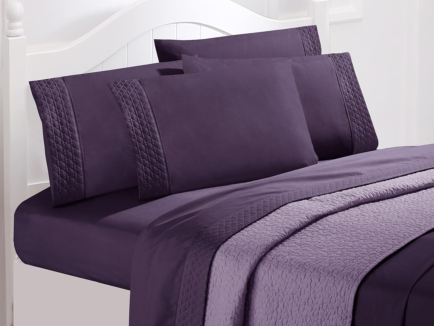 Elegant Comfort Luxury Soft Coziest 4-Piece Bed Sheet Set 1500 Thread Count Egyptian Quality Microfiber Wrinkle Resistant Beautiful Quilted Design on Flat Sheet and Pillowcases, Queen, Eggplant-Purple