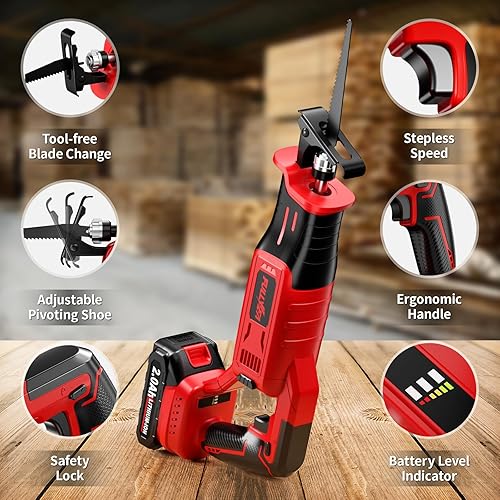 Miniatura 6 de Sierra recíproca inalámbrica, sin escobillas, 0-3500 SPM, sierras inalámbricas con 2 * 2.0 Ah batería y 4 hojas, sierras recíprocas alimentadas por