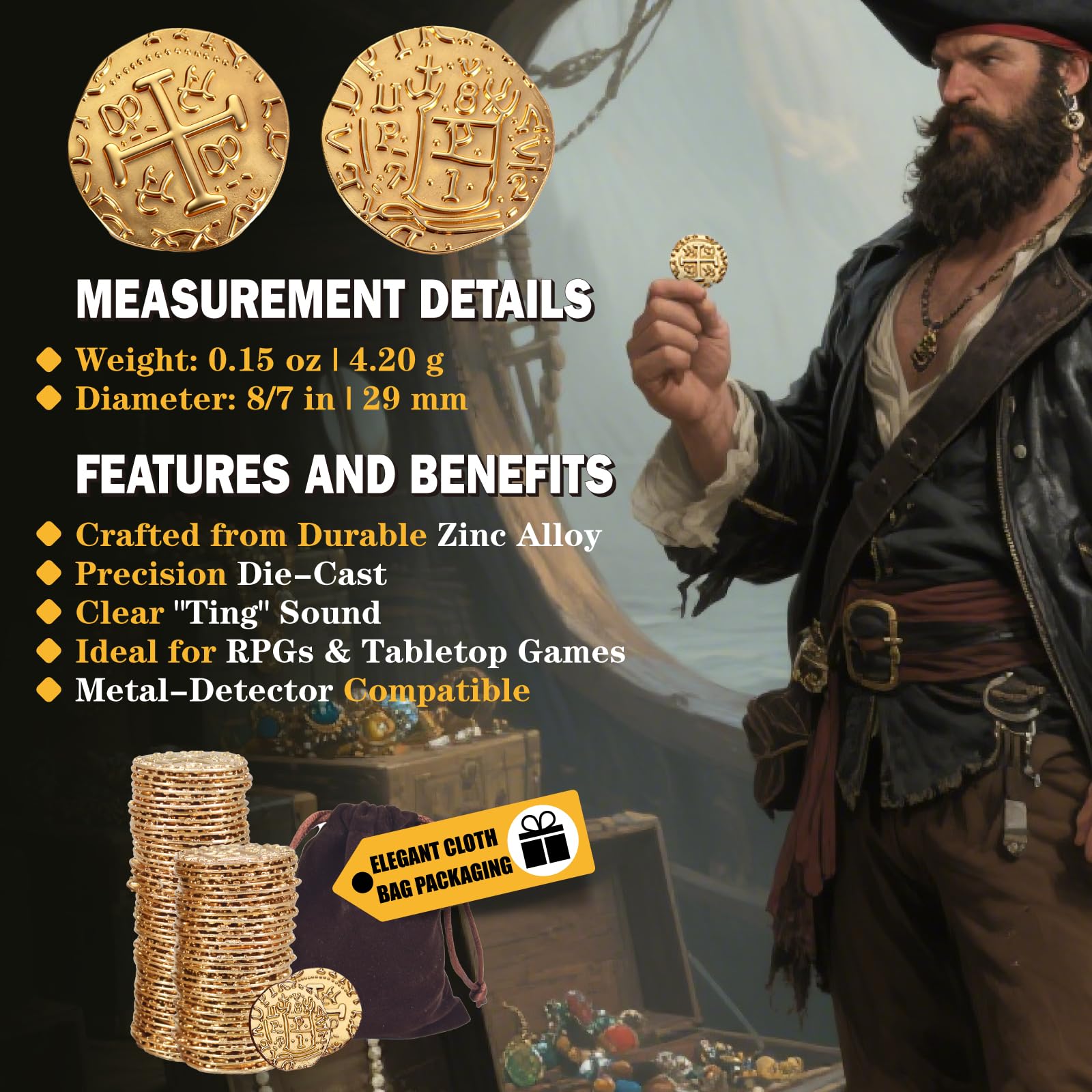 ZUCOS Accessori per monete da pirata, set di monete d'oro, in metallo, decorazione per giochi da tavolo DND, cosplay, imitazione di denaro medievale, tesoro dei pirati (35 pezzi)