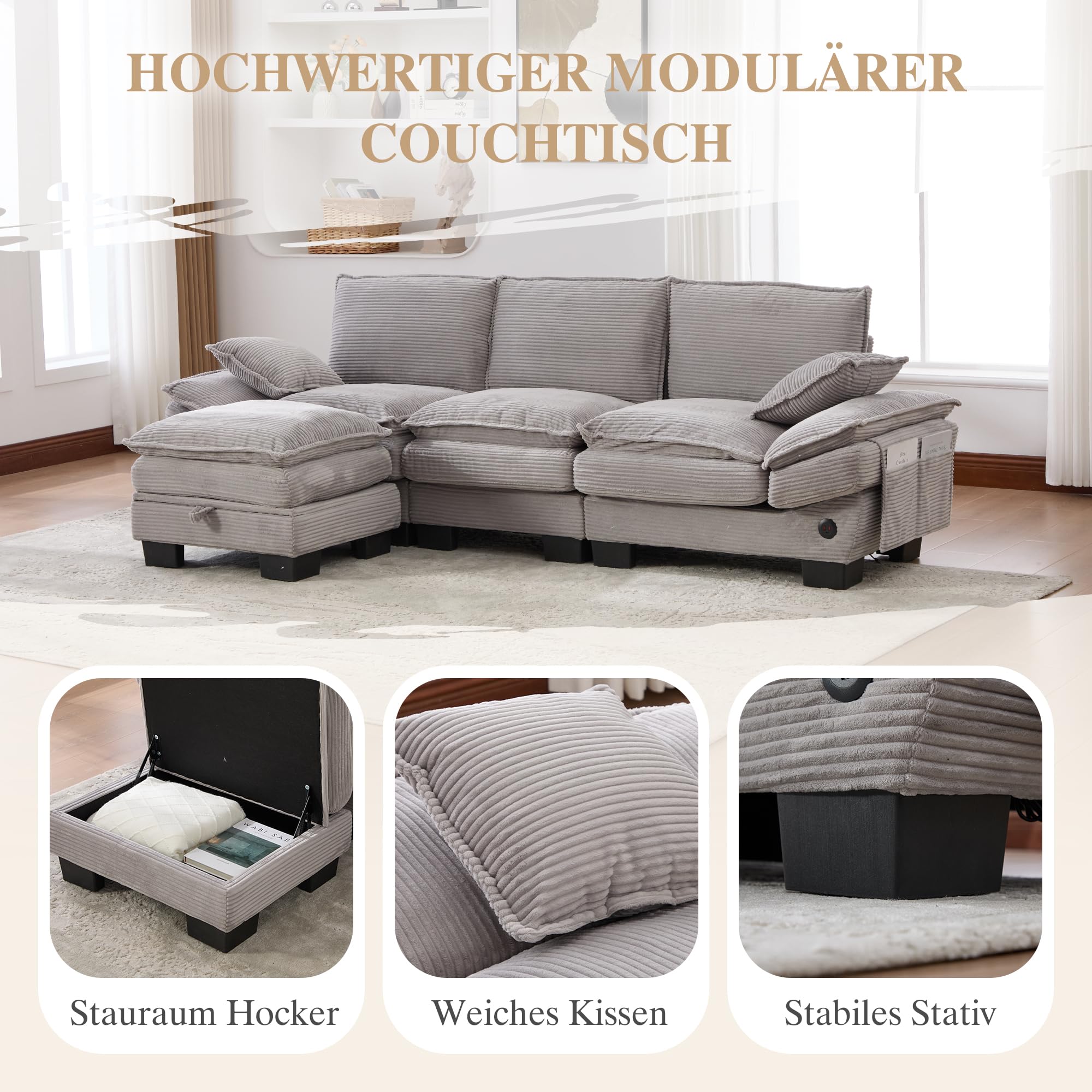 Muskel Modulares 3-Sitzer Sofa mit Fußstütze, Modernes L-förmiges Ecksofa Cord Couch, breite Sitzfläche mit Stauraum, ergonomisches Design für Wohnzimmer (Hellgrau, 3S+1) Küche, Haushalt & Wohnen