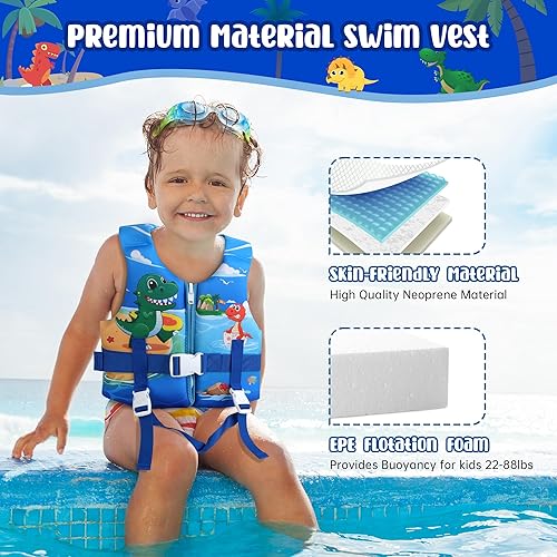 Miniatura 8 de Chaleco de natación para niños pequeños, flotadores con correa de seguridad ajustable para niños y niñas de 2 a 10 años22-88 libras