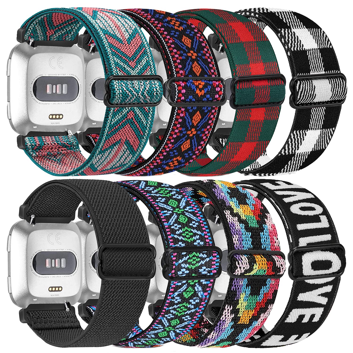 8 Pack Nylon Replacement Band Compatible with Fitbit Versa 2 / Versa Bands for Women Men, Adjustable Stretchy Solo Loop Fabric Strap