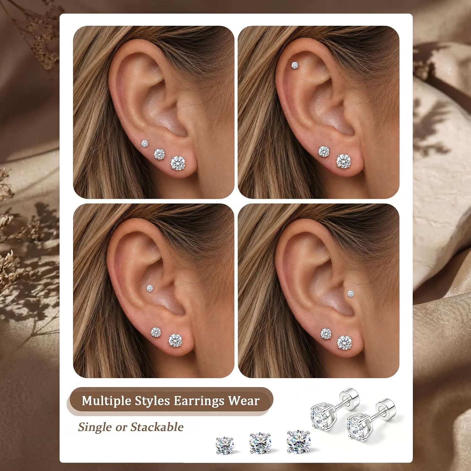 3 Pairs Moissanite Earrings, Flat Back Stud Earrings for Women Men, D Color VVS1 Hypoallergenic 925 Sterling Silver Post, Cartilage Helix Piercing Jewelry Set