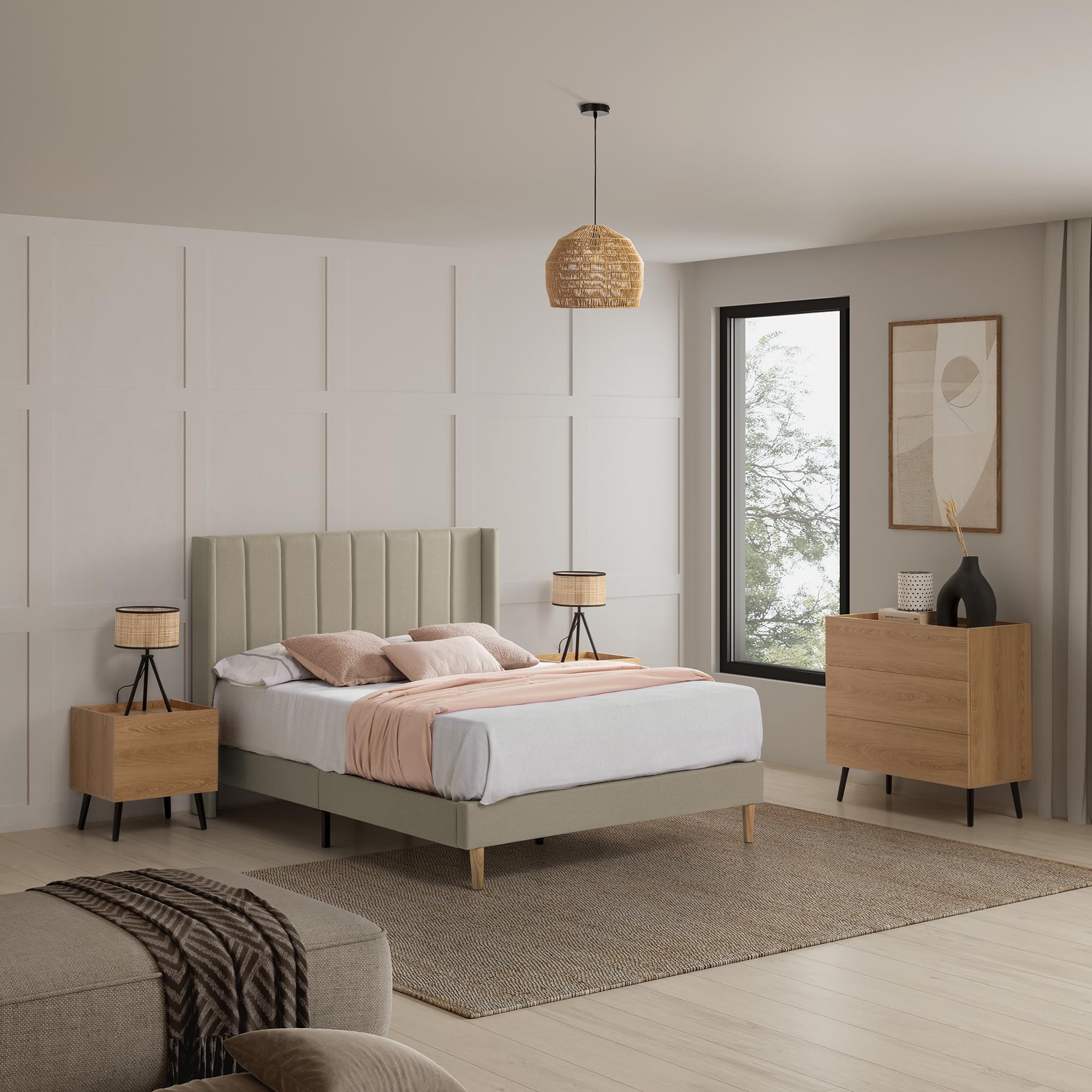 HOMN LIVING Estructura de Cama tapizada Noelia de 30 cm, Base para colchón 150x190 cm, Somier de láminas de Madera, Montaje Sencillo, Beige