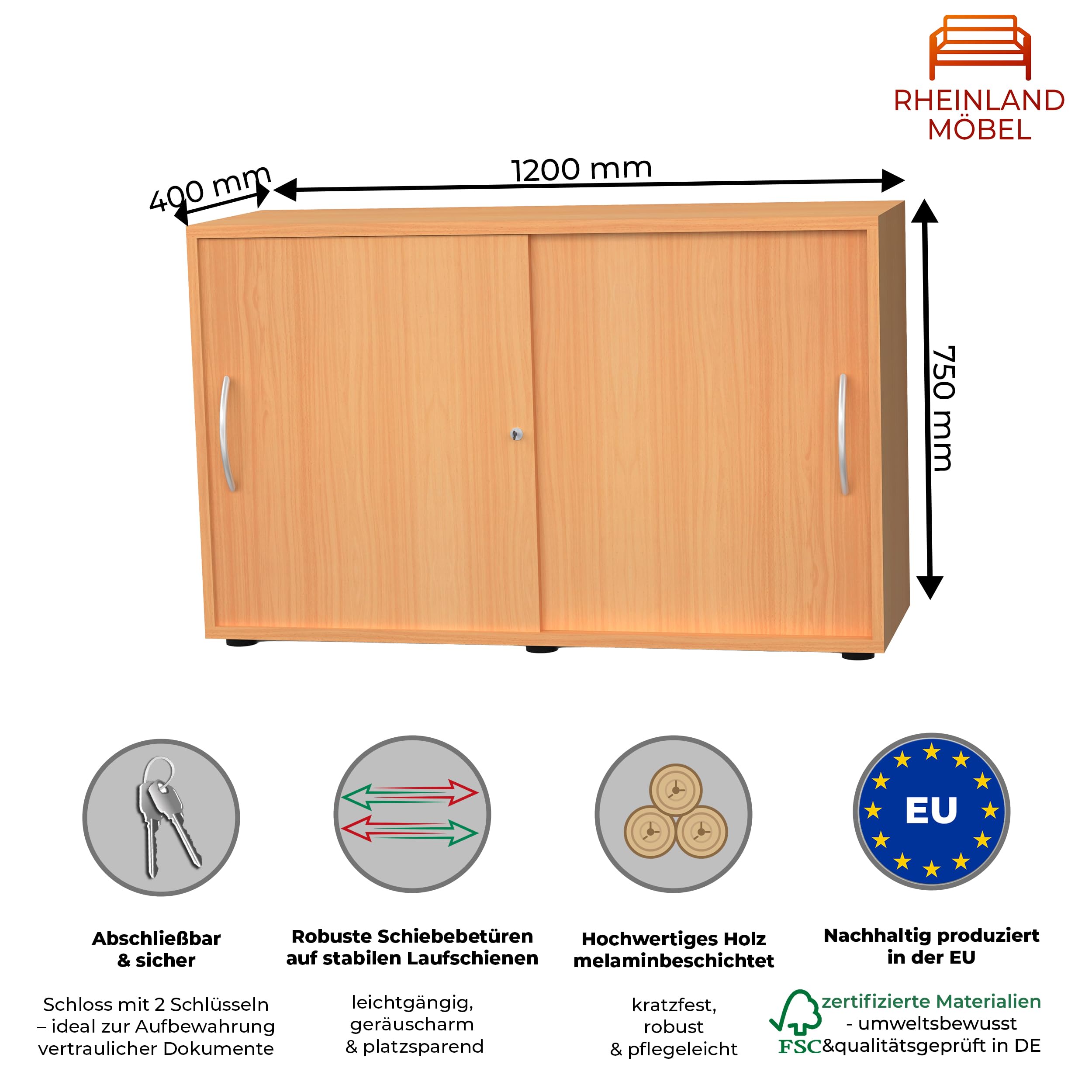Schiebetürenschrank SLIDO 120×40×75 cm – abschließbarer Aktenschrank 2OH in Buche mit Metall-Bogengriff