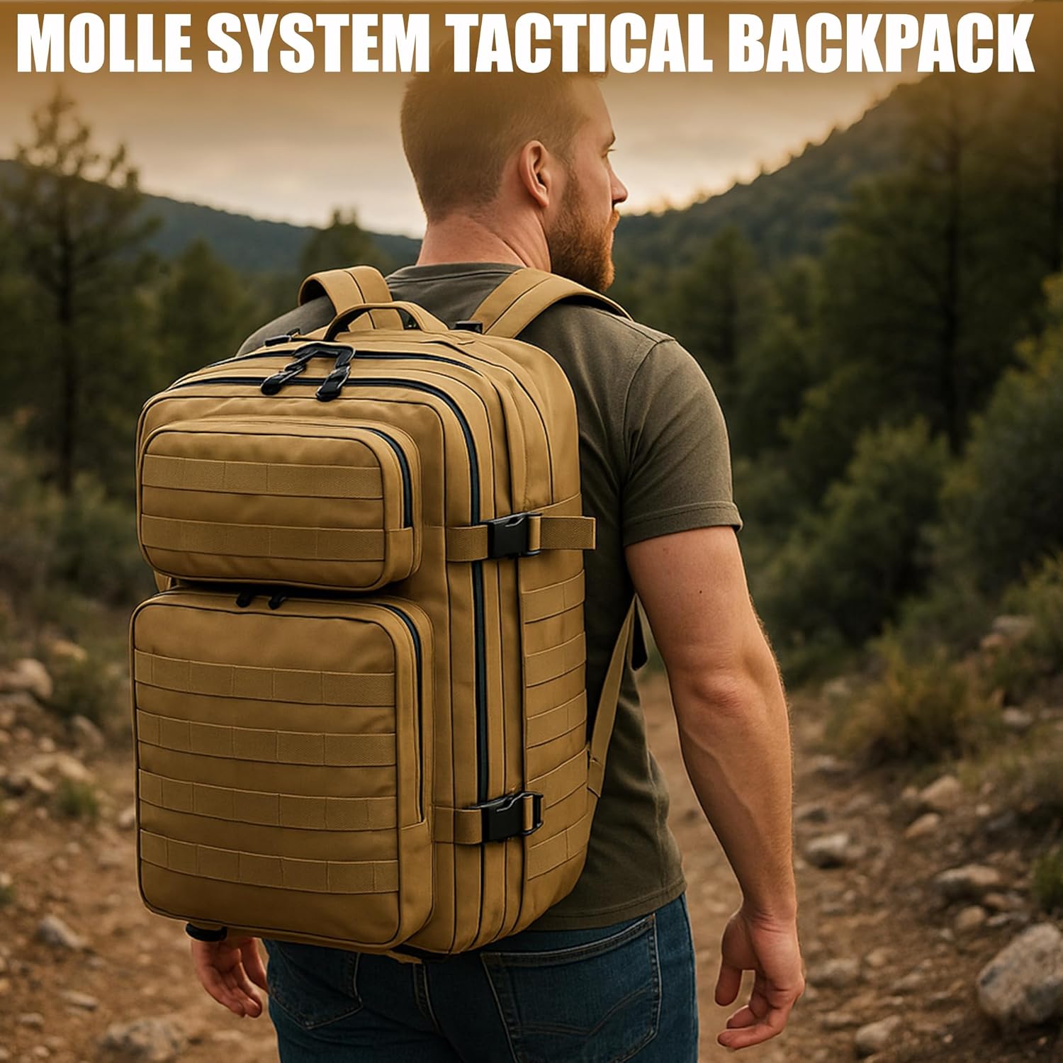 45L Military Tactical Backpack Large Day Pack for Men – MOLLE Rucking Assault Rucksack, Heavy-Duty Water-Resistant Bag for Hiking, Gym, Travel & Outdoor Adventures – Khaki - Image 5