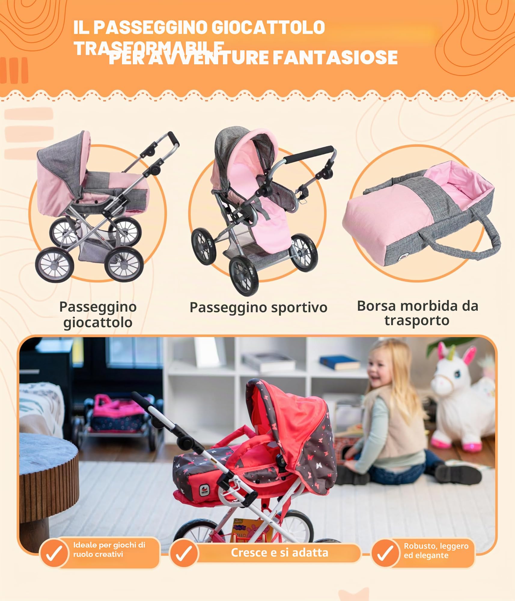 Bayer Chic 2000 - Passeggino per Bambole Leni, 2 in 1 con Borsa per Il Trasporto Rimovibile, Grigio Melange, Rosa, 64 x 37 x 68 cm