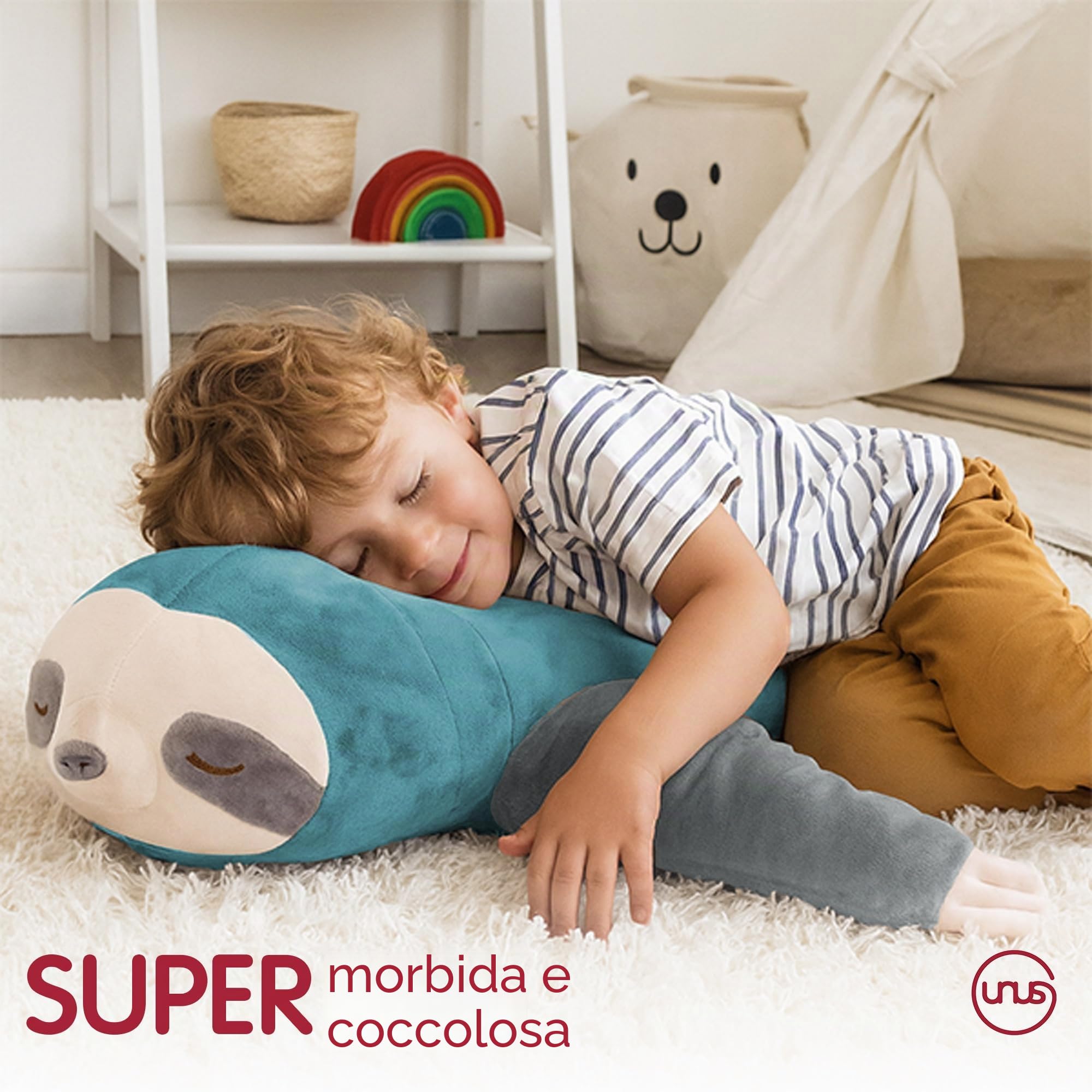 UNUS - Cuscino per dormire sul fianco, a forma di bradipo, cuscino per allattamento, cuscino per bambini, adatto come decorazione, estremamente morbido, 100 cm, turchese