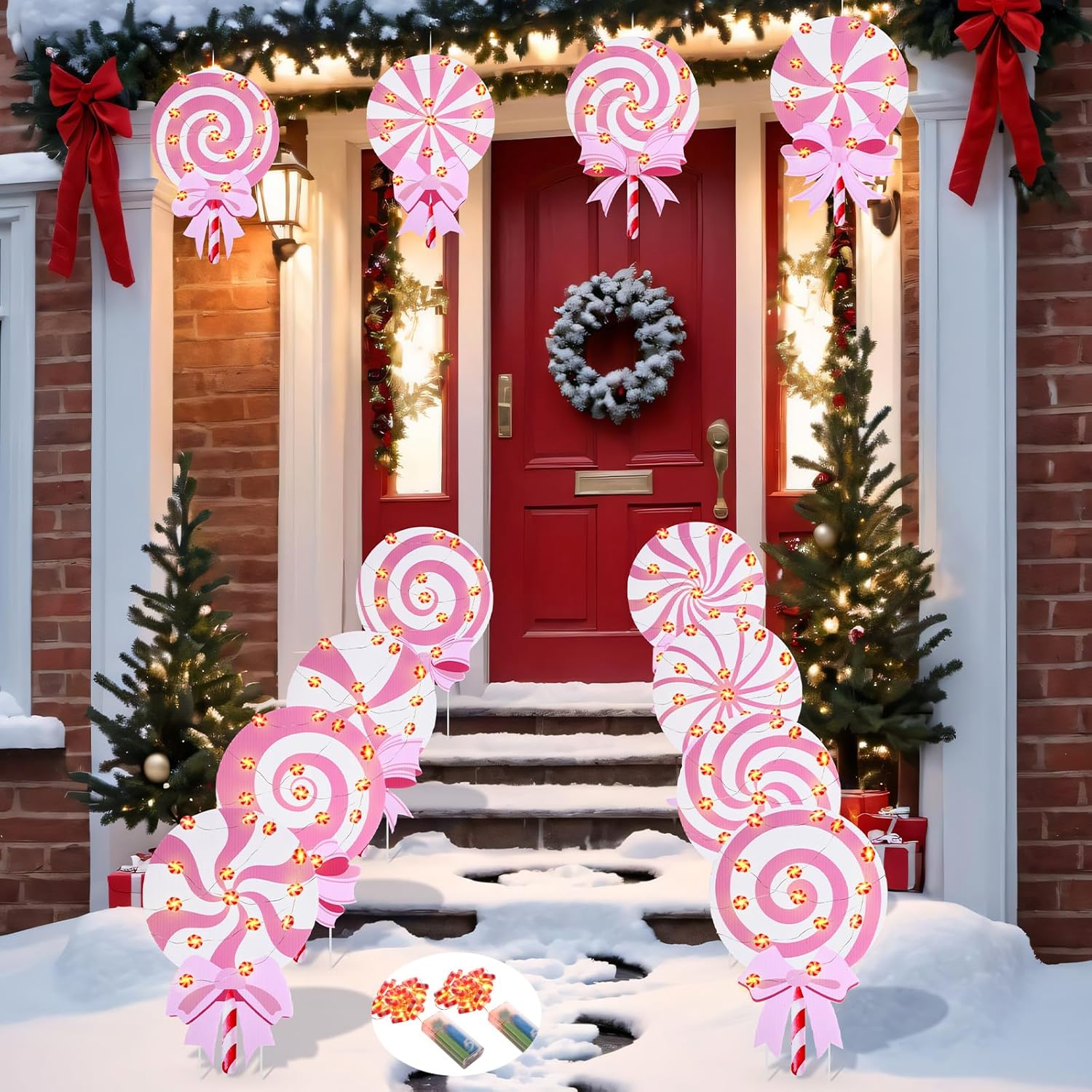 12 Pcs Candy Christmas Decorations Xmas Yard Decorations with LED Lights Peppermint Lollipop Candy Signs with Stakes for Winter Holiday Outside Yard Pathway Lawn Decor Supplies
