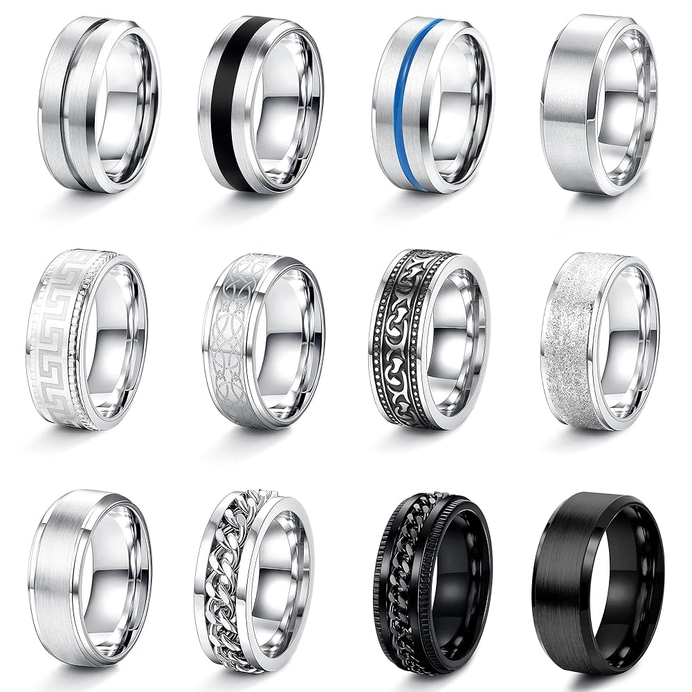 LOLIAS 9 Pcs Stainless Steel Men Rings Silver Black Matte Finish Polished Band Rings Bottle Opener Rings Wedding Band Engagement Promise Rings Vintage Fidget Ring