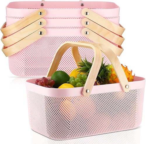 Miniatura 8 de 4 cestas de malla de plástico para cosecha de jardín, cesta de malla de almacenamiento con mango de madera, cesta de malla multifuncional para