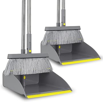 2-Pack Broom and Dustpan Combo Set, 48" Long Adjustable Handle Stand Up Dustpan with Self-Cleaning Teeth, Ideal for Home, Office, Kitchen, Indoor & Outdoor Use, Grey
