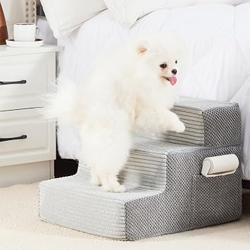 HYLEORY Dog Stairs for Bed 13.5H, 3-Step Pet Stairs for Small Dogs & Cats, Sturdy Pet Steps with Non-Slip Bottom, Functional Portable Dog Ramp for Couch/Chair/Sofa/Car, Storage Pocket, Light Grey