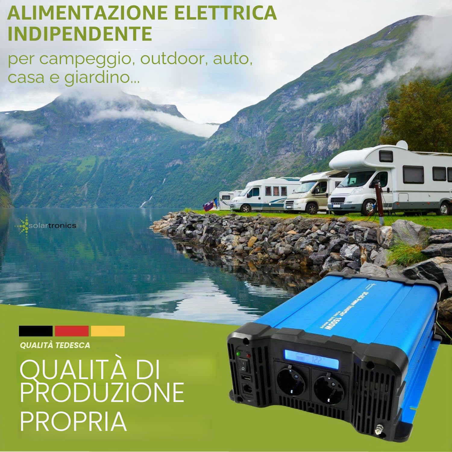 solartronics Convertitore di tensione FS1500D 12 V 1500/3000 Watt Pure Sinus Blue m. Display FS Serie LiFePO4 / Litio, Piombo, Gel o AGM batteria compatibile Inverter