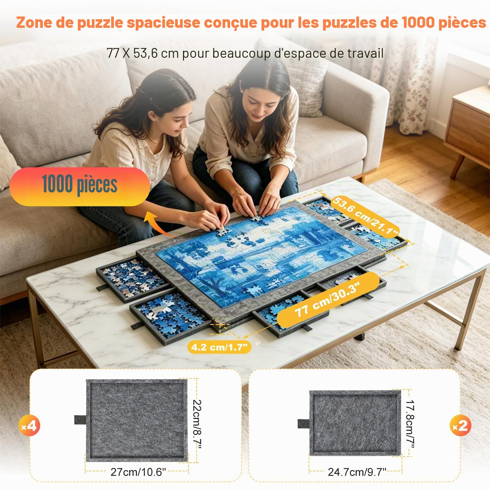 Tableau de Puzzle Inclinable, Plateau Puzzle pour 1000 Pièces avec Tiroirs | Tableaux de Puzzle et Tapis de Rangement avec 6 Tiroirs, Support/Housse Anti-Poussière 2 en 1, Surface en Feutre, Portable