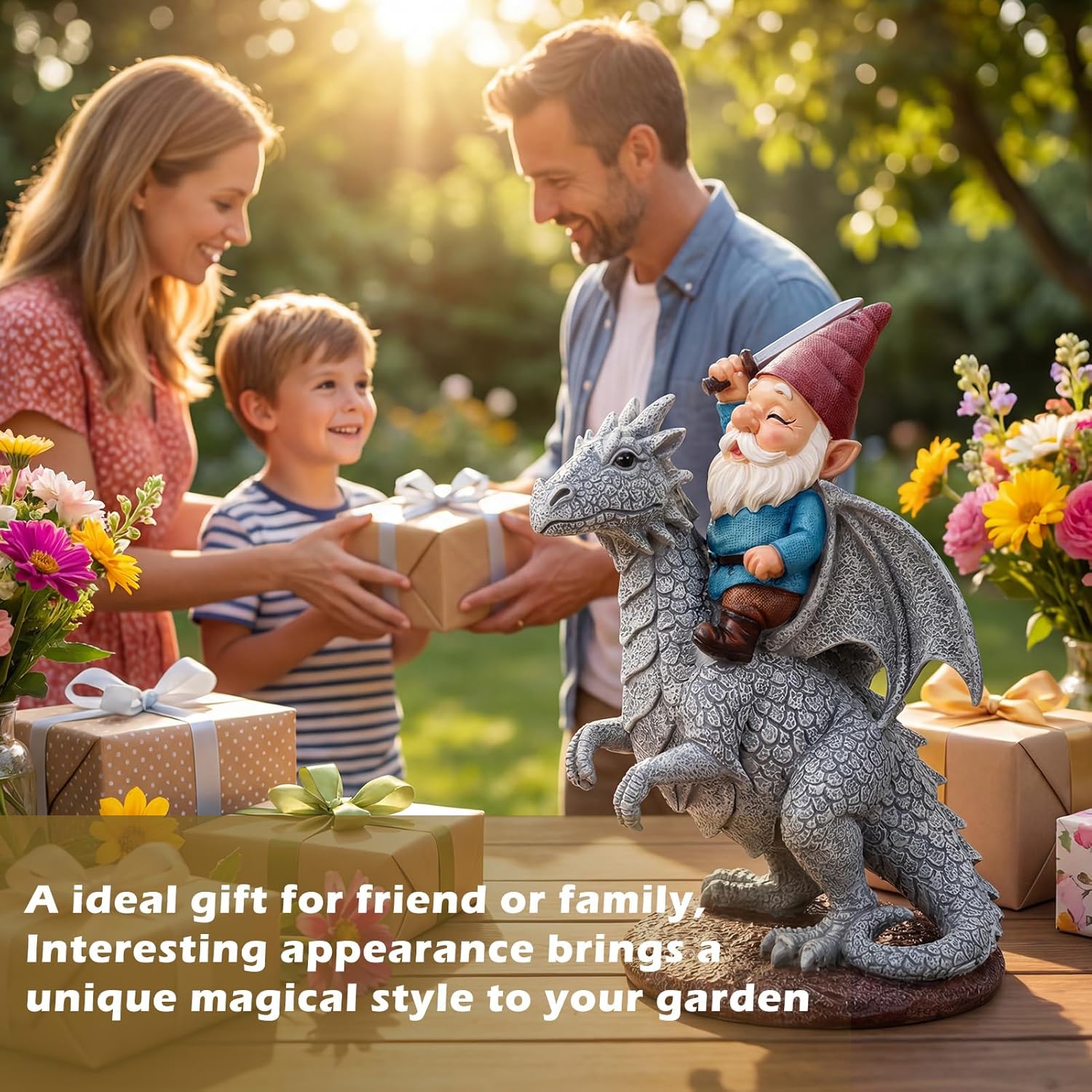 EXYGLO Gnome Garden Decor Statue, 9.7" Gnome Riding Dragon Outdoor Funny Decoration for Lawn, Patio, Yard, and Unique Housewarming, Birthday Ornament Gift for Boys, Friend, Family