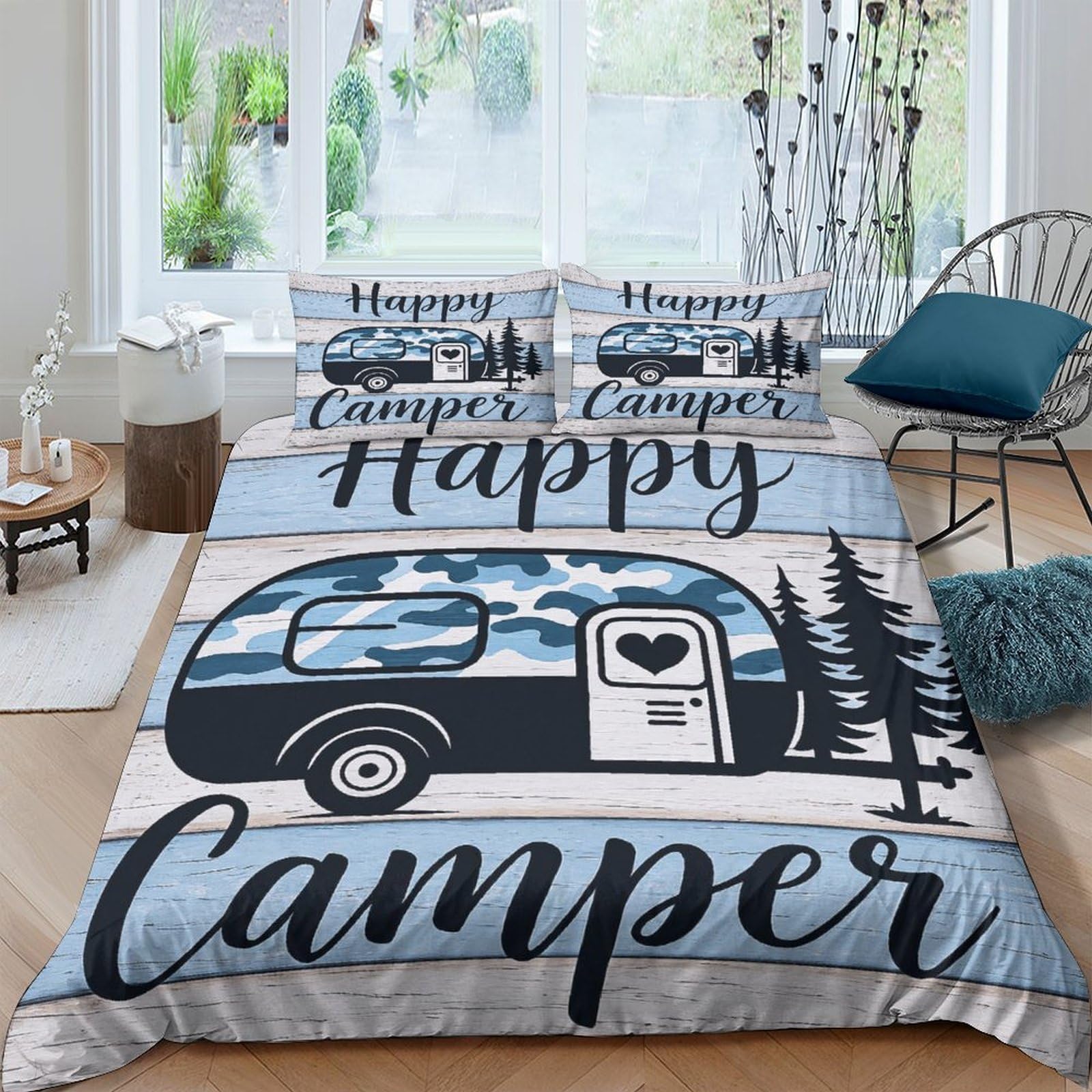 XFKLYNVCJ 3D Printed Retro Camper Trailer Comforter Cover Microfiber Wooden Sign Style Bed Cover Shrink Resistant Fade Resistant Soft Breathable No Iron for Home Family Use Double（200x200cm）