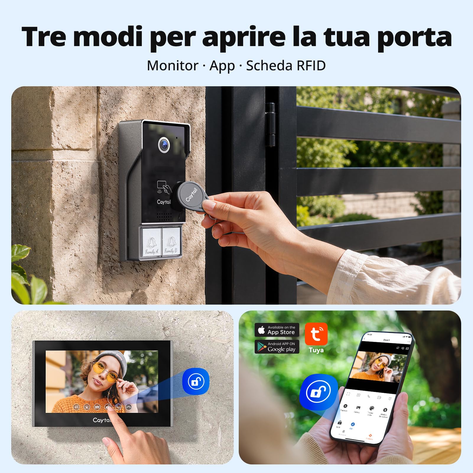 Kit Videocitofono 2 Fili WiFi6 Dual Band 2 Famiglie, Schermo Touch 7" IPS, Telecamera 1080P Visione Notturna, Audio Bidirezionale, Sblocco Remoto, RFID, Rilevamento Umano