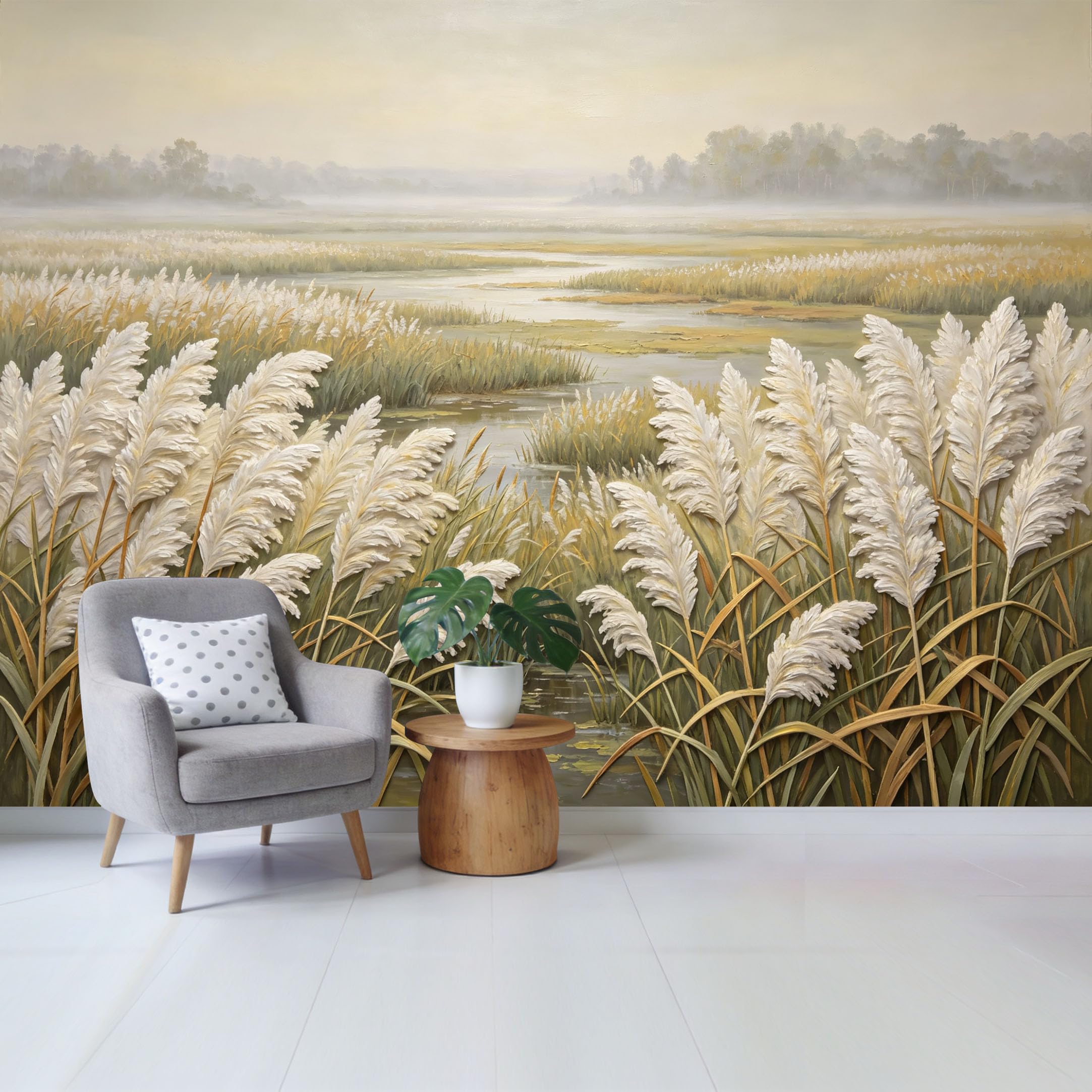 Qzlithotic Yq2605250575 Custom Size Wall Mural Misty Coastal Marshland Pampas Reeds Landscape Oil Painting Selfadhesive Wall Fabric Removable Wallpaper For Home Office Decor