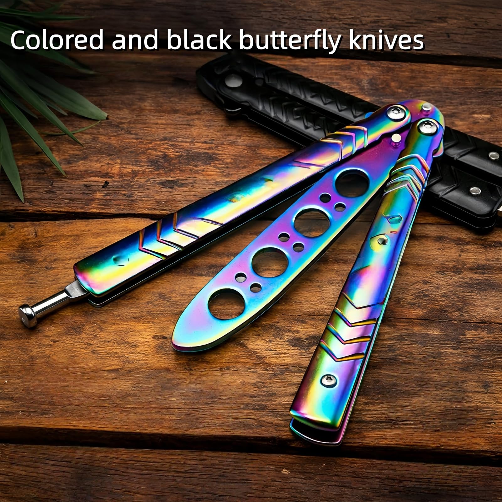 Balisong Trainer Cuchillo Mariposa de Entrenamiento, Acero Inoxidable, Hoja Roma sin Filo, Seguro (Negro+Color)
