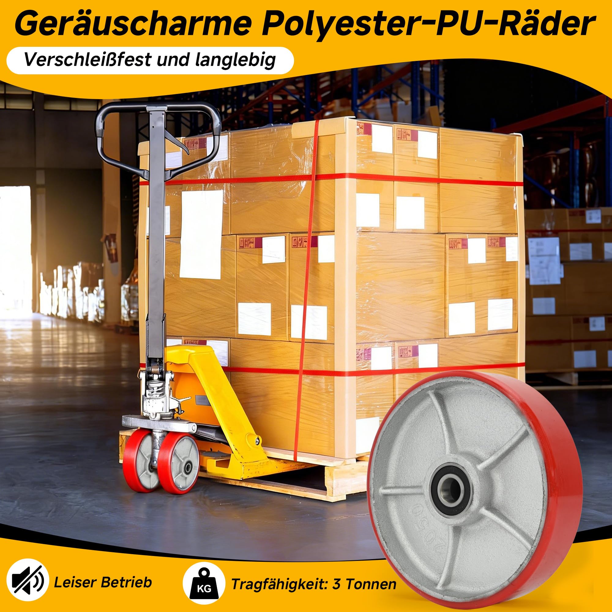 Lot de 2 roues de transpalette, Ø200 x 50 mm, roues de transpalette en polyuréthane, essieu de 20 mm, avec roulements à billes pour roues de rechange, roues de transpalette à palette pour