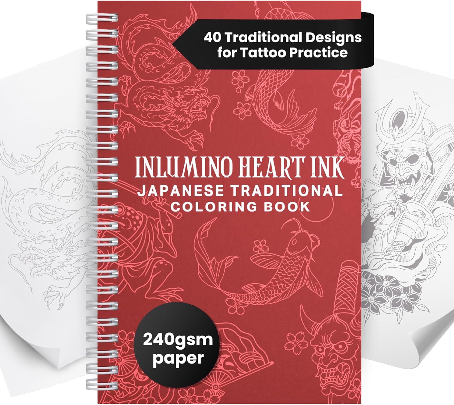 Inlumino Heart Ink Tattoo Practice Coloring Book: Japanese Traditional – Spiral Bound Art Book with 40 Designs on 240 GSM Textured Pages – Use with Ballpoint Cartridges & Rotary Machine