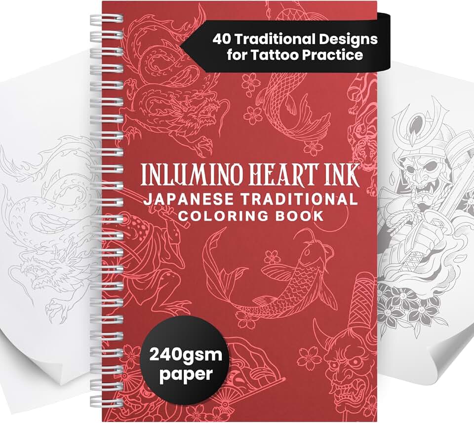 Inlumino Heart Ink Tattoo Practice Coloring Book - Japanese Traditional | 240 GSM, 40 Pages Textured Paper for Ballpoint Practice Pen, Practice Linework & Shading Skills for Tattoo Beginners