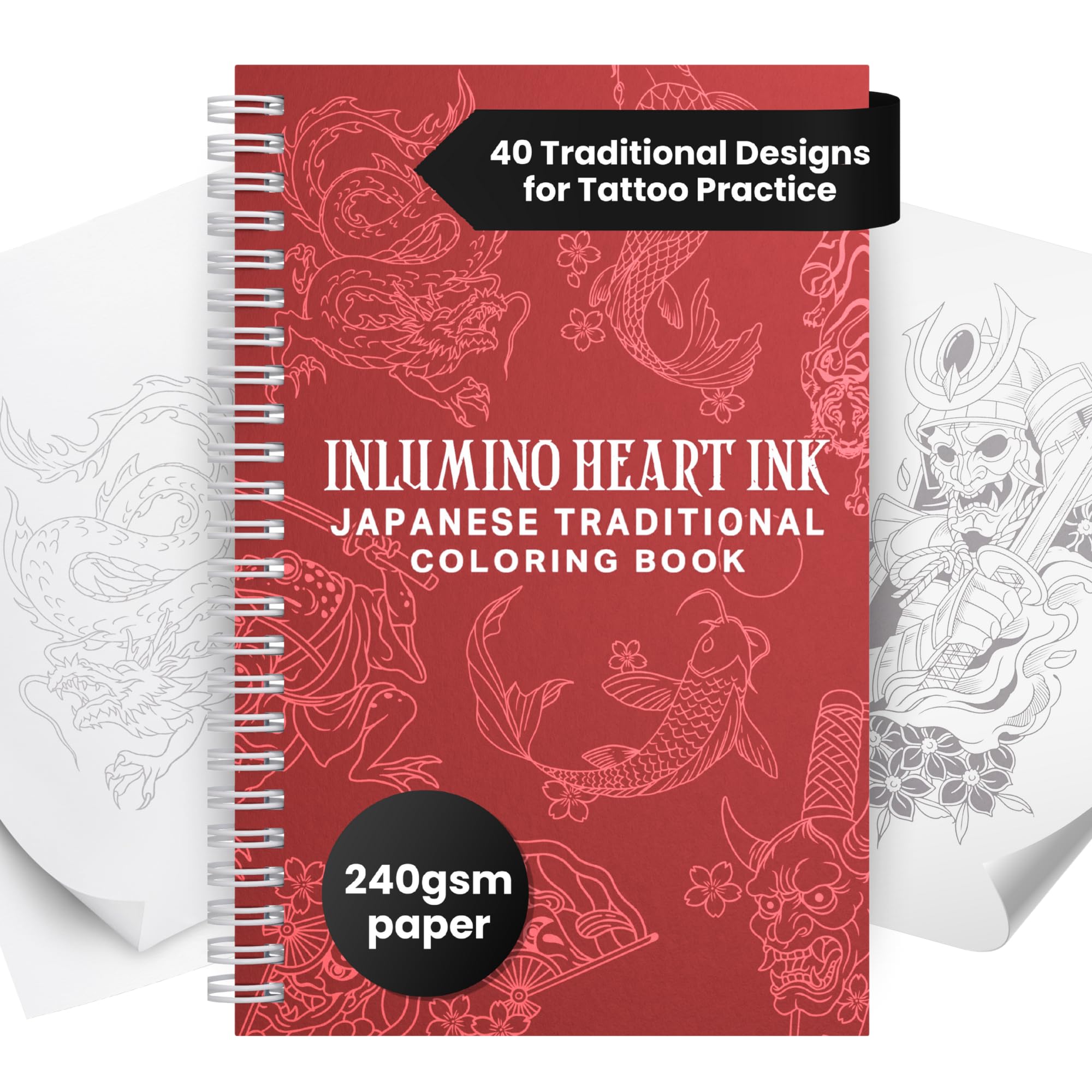 Inlumino Heart Ink Libro de práctica de tatuajes para colorear: tradicional japonés, libro de arte encuadernado en espiral con 40 diseños en páginas texturizadas de 240 g/m², uso con cartuchos de